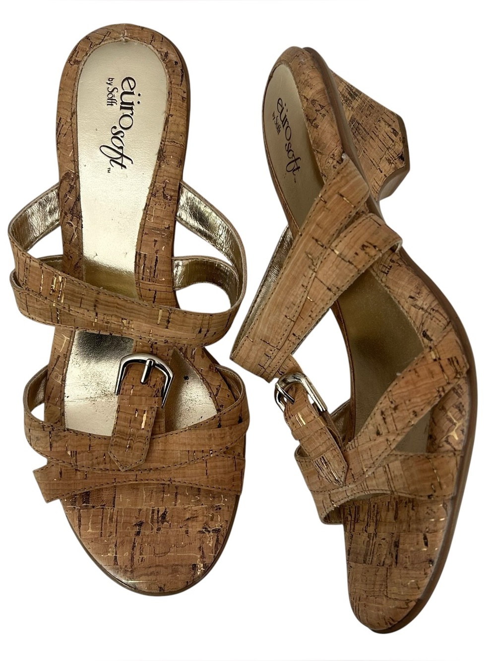 Eurosoft by Sofft Cork Print Slide Sandals Women’s Size 8 Kitten Heel‎ Gold